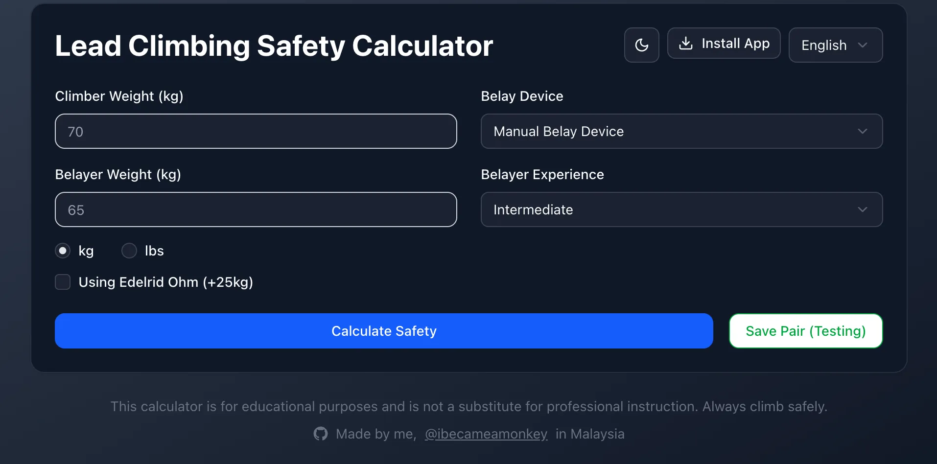 Screenshot of Weight Difference Rule Climbing Calculator