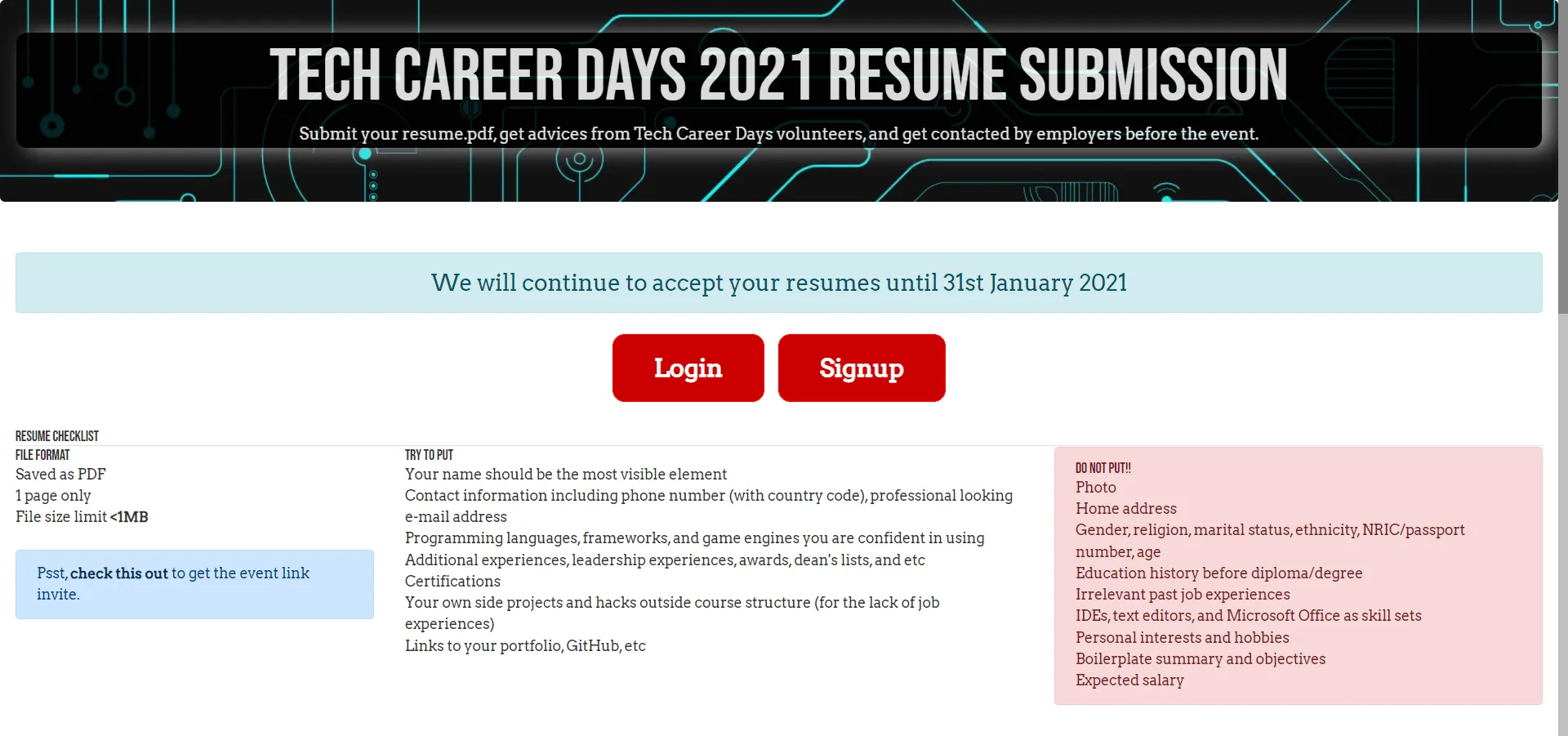 Screenshot of Tech Career Days 2021 Resume Submission Portal
